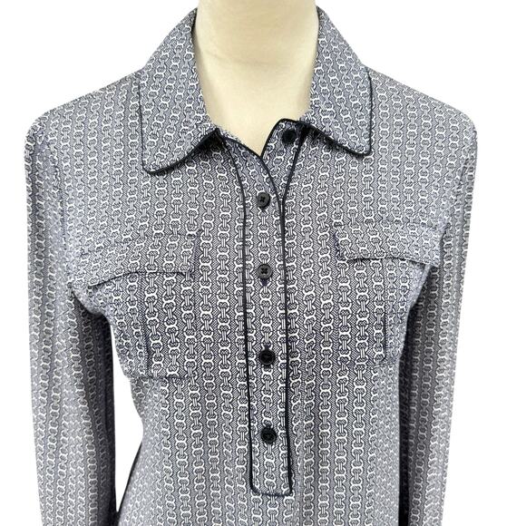 Tory Burch Christelle 100% Silk Navy & White Chain Print Long Sleeve Shirt Dress - Picture 4 of 11